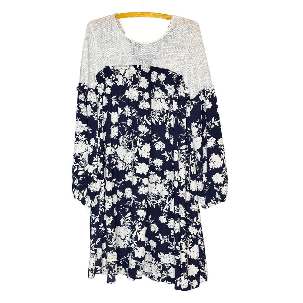 Sunday in Brooklyn Anthropologie Floral Mixed Media Tunic Dress Cream Navy L NWT